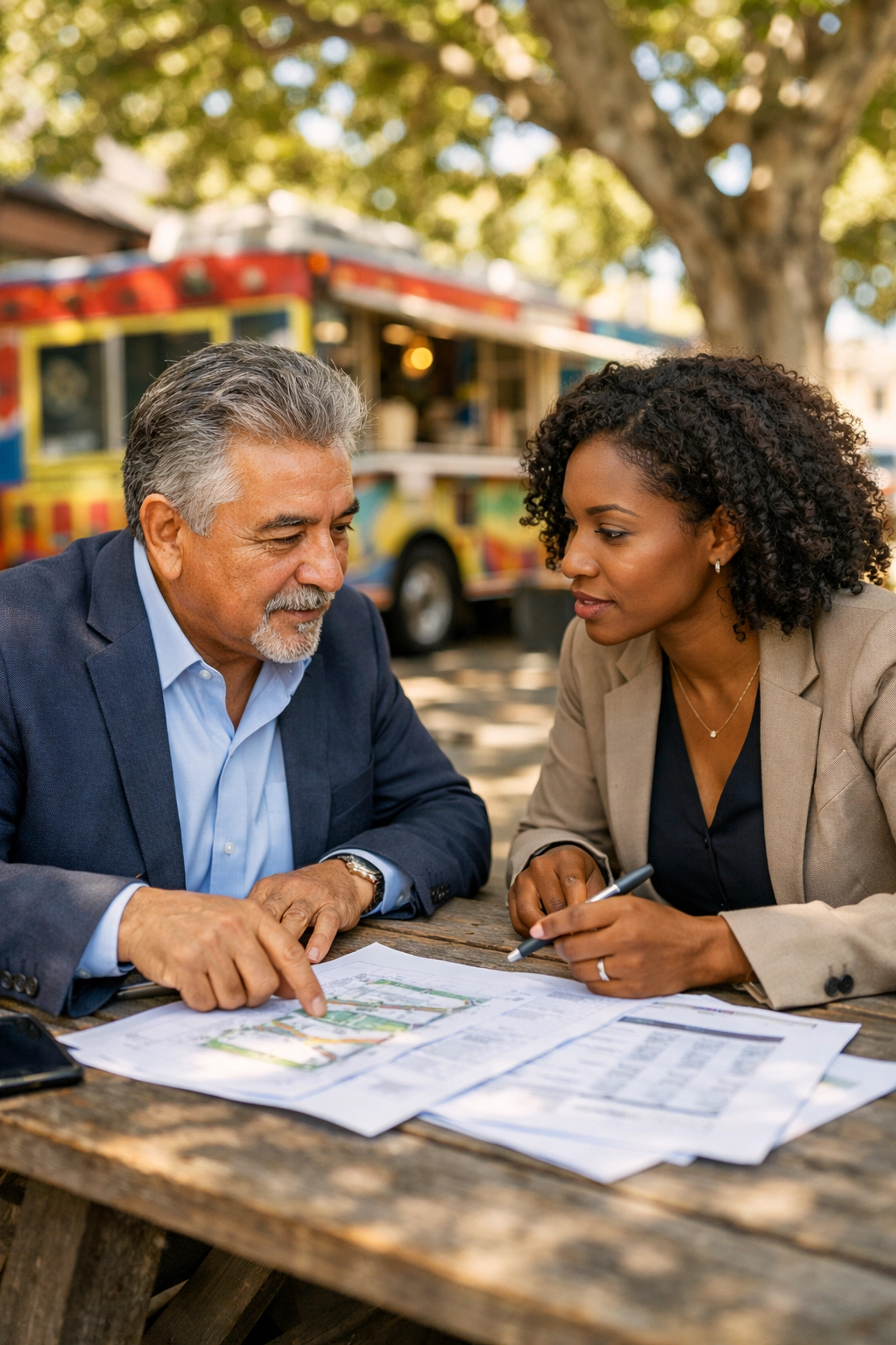 Los Angeles restaurant consultant discussing scaling strategies and financial plans with a food truck owner.
