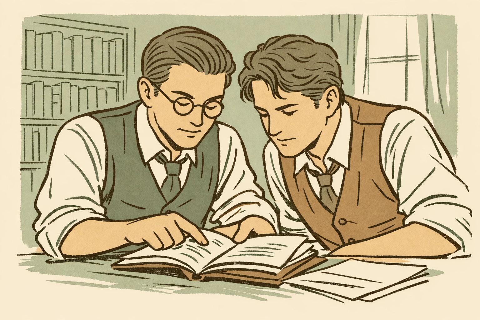 Two men reading together in 1920s Berlin library showing intellectual connection