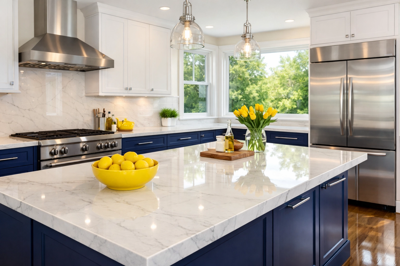 Clean modern Nashua kitchen with marble island and spotless appliances after professional house cleaning services.