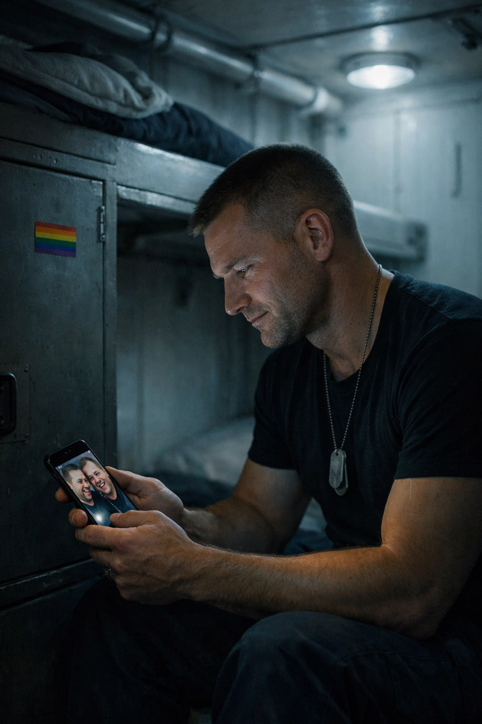 A gay merchant mariner in his ship cabin looking at a photo, depicting the isolation of life at sea.