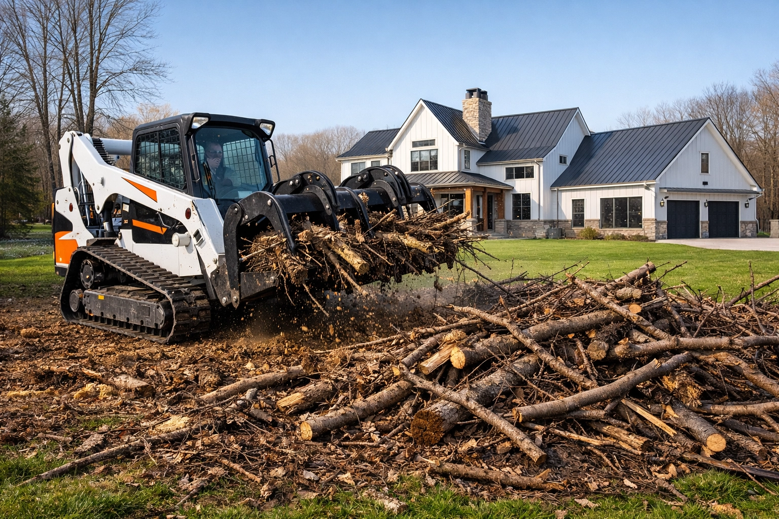 Professional brush removal in Clarkston, MI, using a compact track loader to clear winter debris.