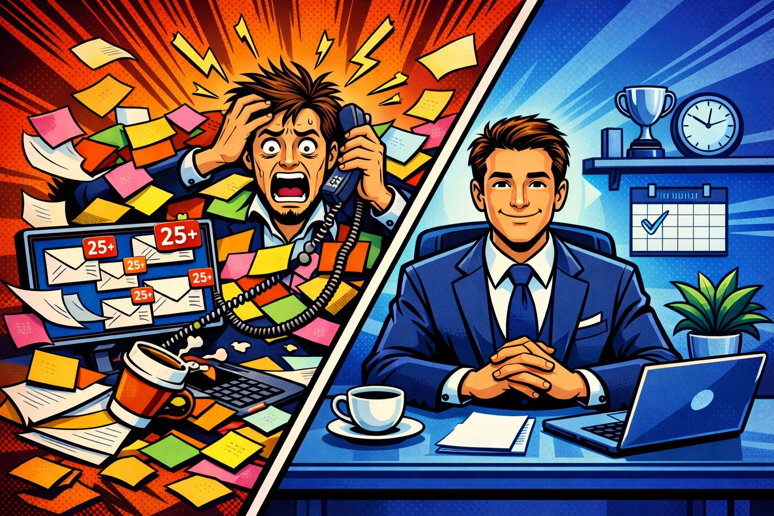 Chaotic desk vs organized workspace showing business automation workflow prioritization