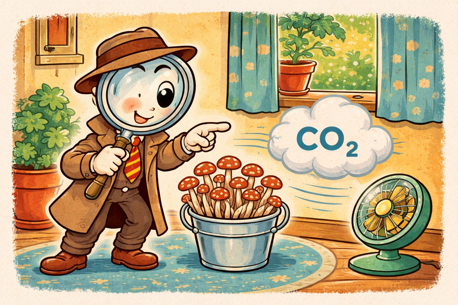 A 1950s-style storybook detective with a magnifying glass noticing a little CO2 cloud near a mushroom bucket with leggy oysters and a gentle fan, illustrating poor fresh air exchange.