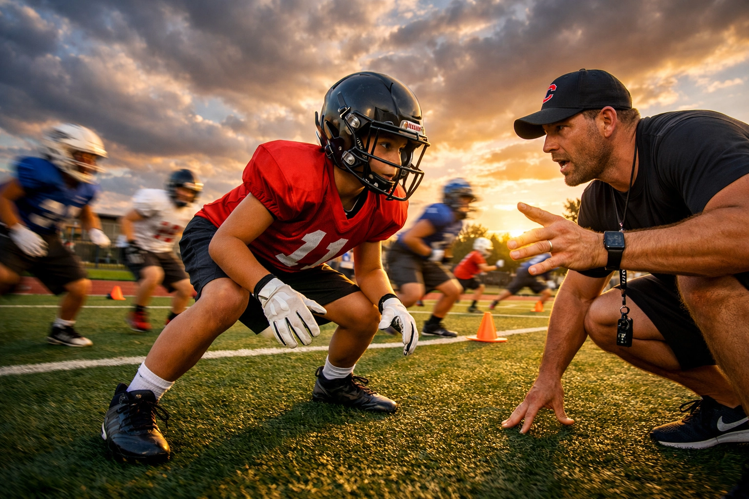 Youth football players training at elite camp with coach demonstrating technique