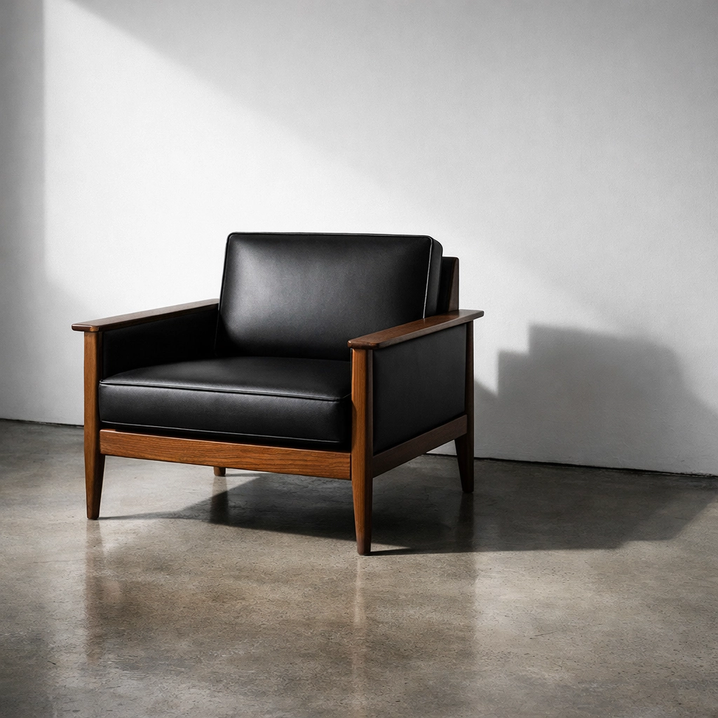 A restored armchair with firm custom foam seating, showcasing professional furniture restoration.