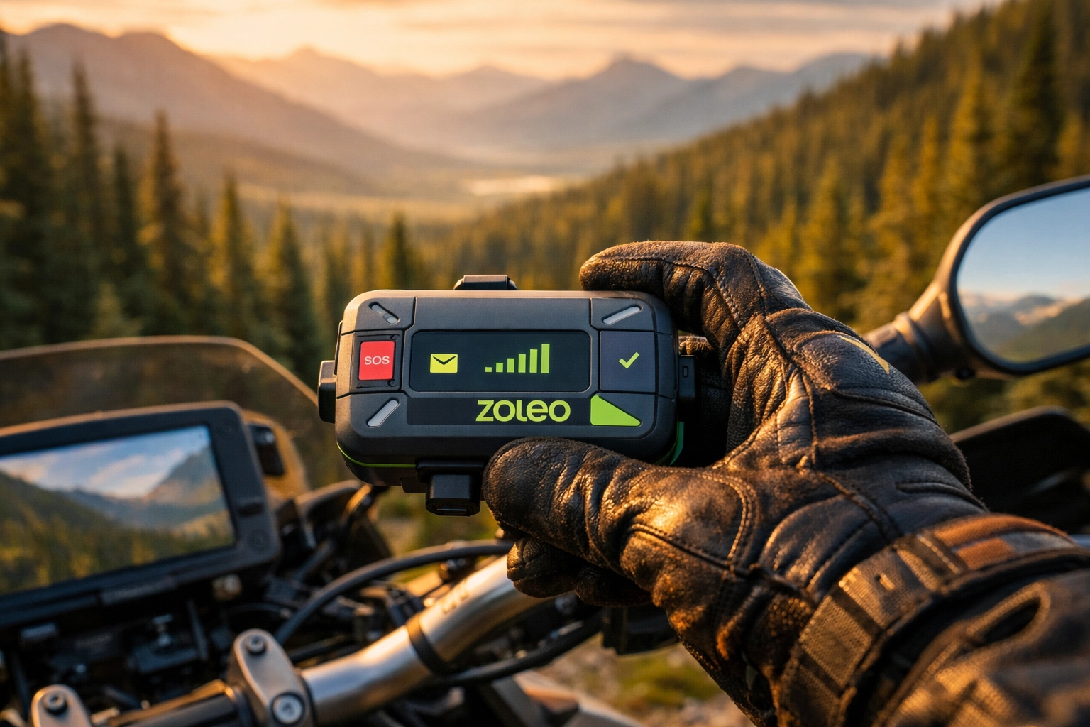 Satellite communicator device on motorcycle handlebars during guided tour in remote mountains