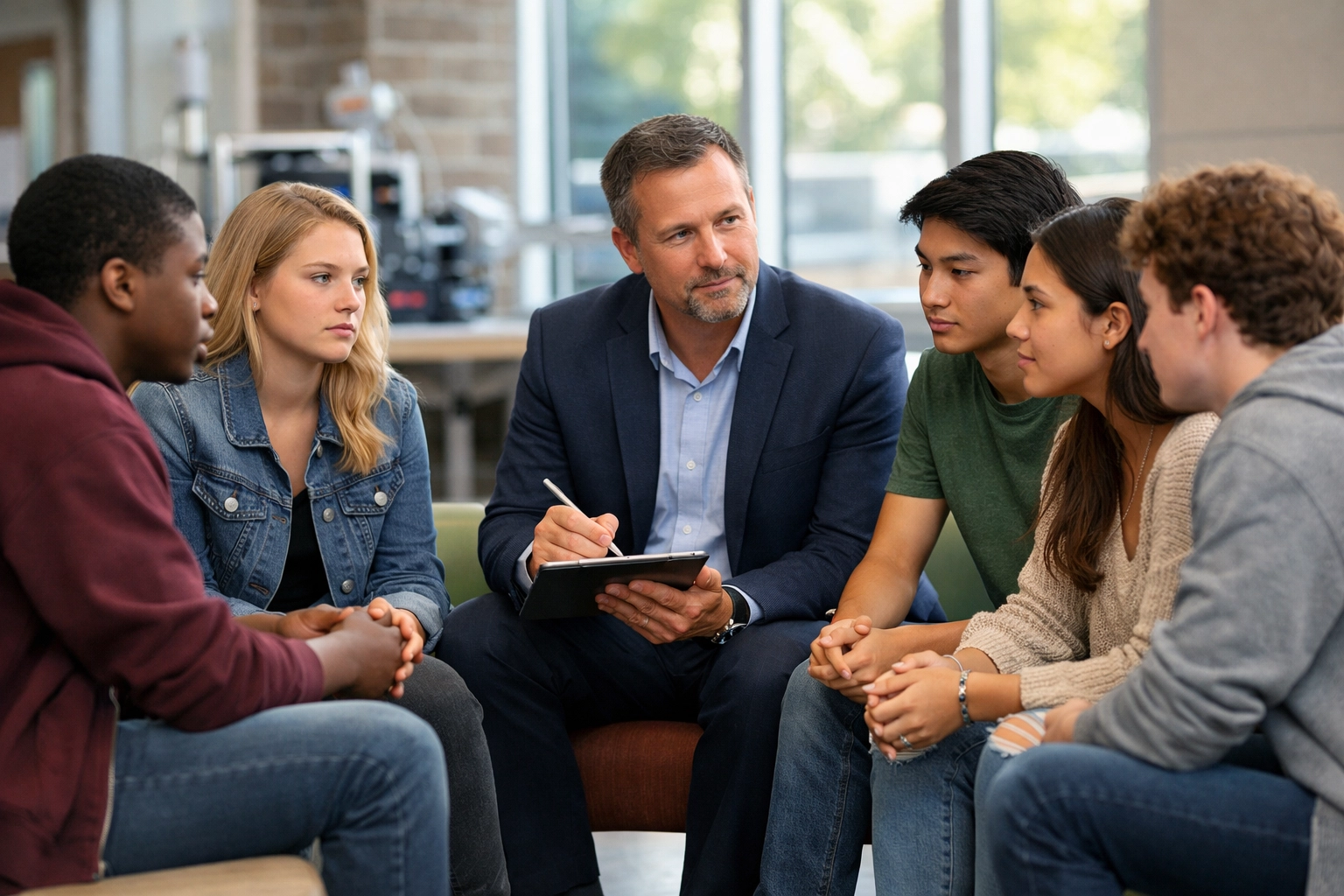 High school students collaborating with a consultant to build authentic brand loyalty through sponsorship.