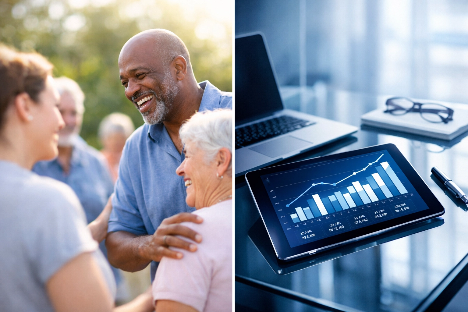 A split-view image balancing community impact storytelling with a clean financial data dashboard.