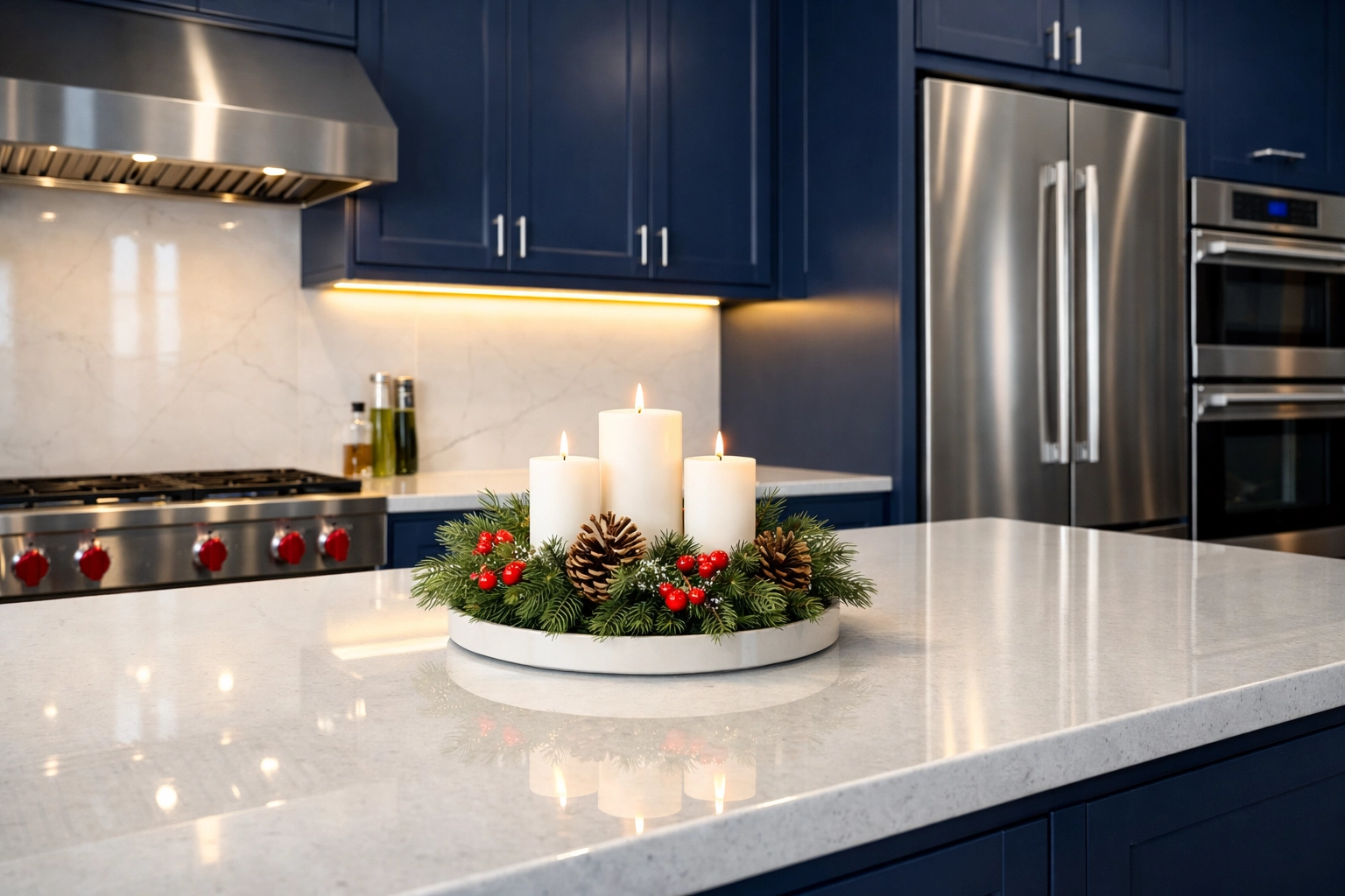 Pristine modern kitchen with navy blue cabinetry and white countertops cleaned for holiday entertaining.