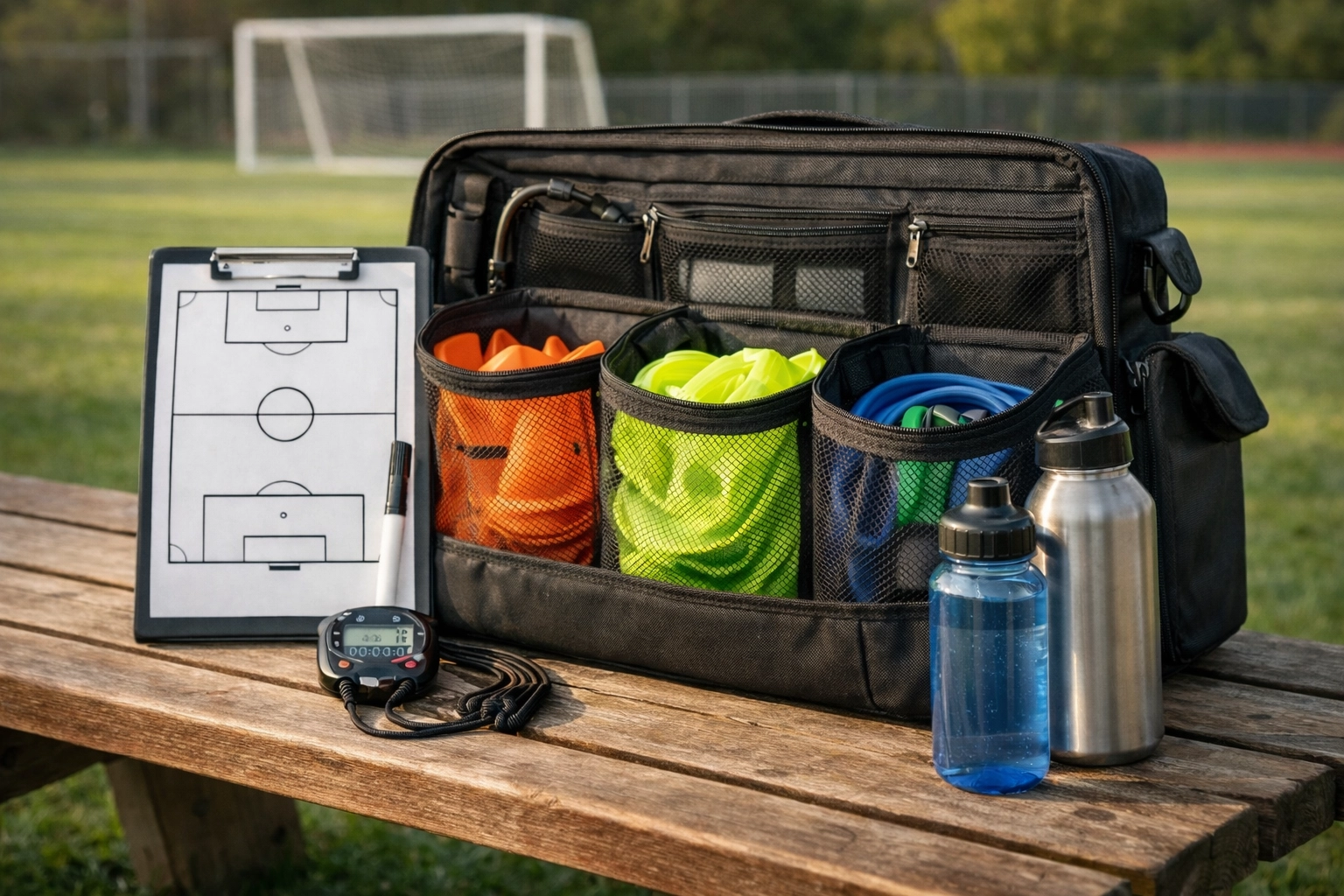 Organized coach's equipment bag with mesh storage bags, clipboard, and youth sports training gear