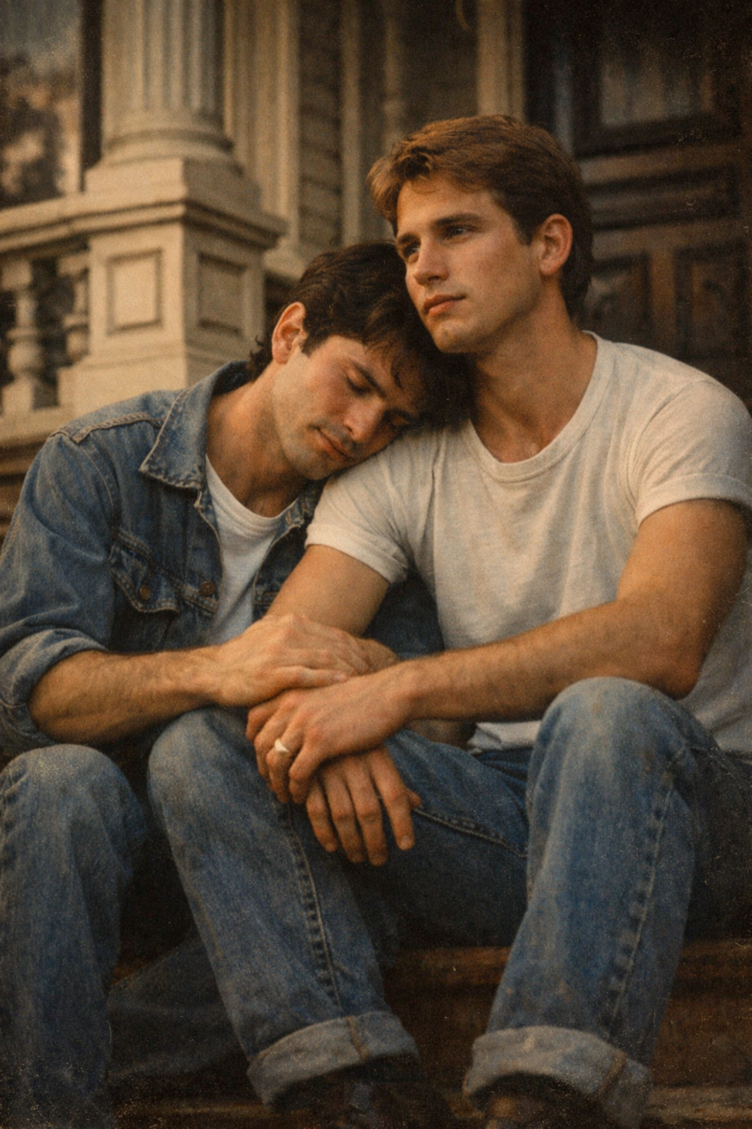 Two gay men in 1980s San Francisco, capturing the emotional themes found in gay historical romance novels.