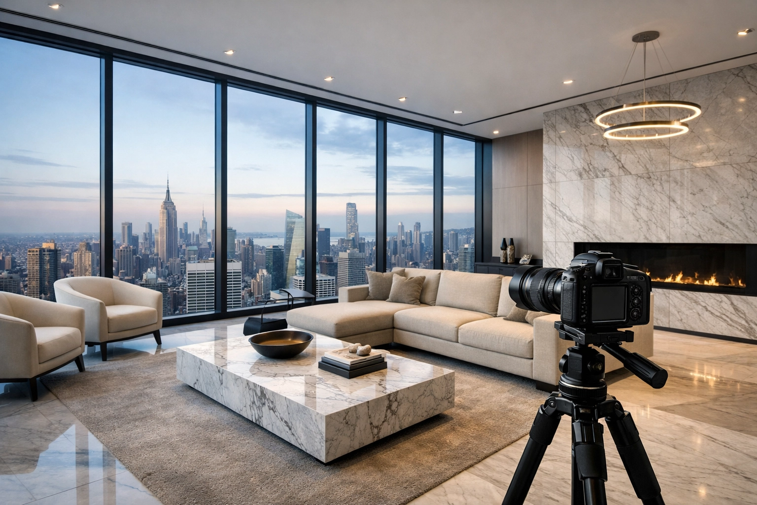 The Ultimate Guide to Finding Photography Work in 2026: Everything You Need to Succeed 3 Camera on a tripod in a luxury penthouse for professional real estate and architectural photography.