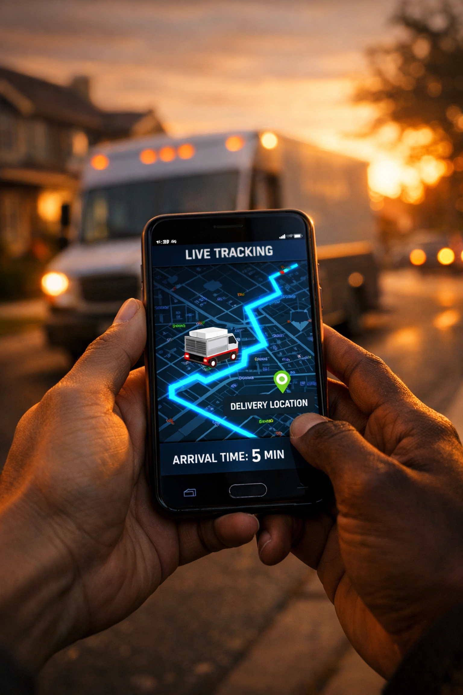 Live GPS tracking of delivery on smartphone with truck in background