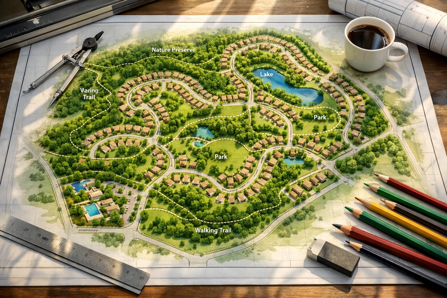 Master-planned residential community site plan with preserved green space