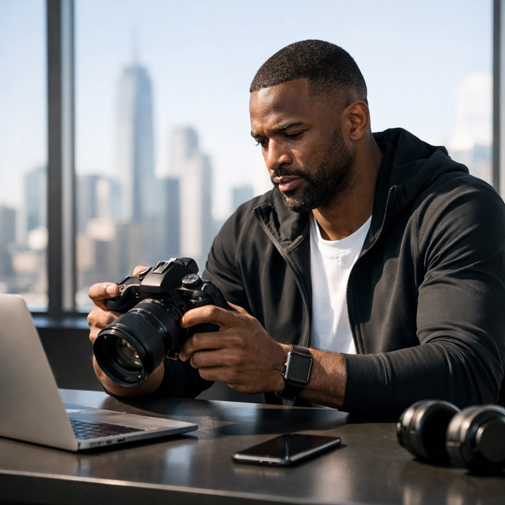 Professional athlete reviewing digital media content in a modern office, representing athlete-led branding strategies.