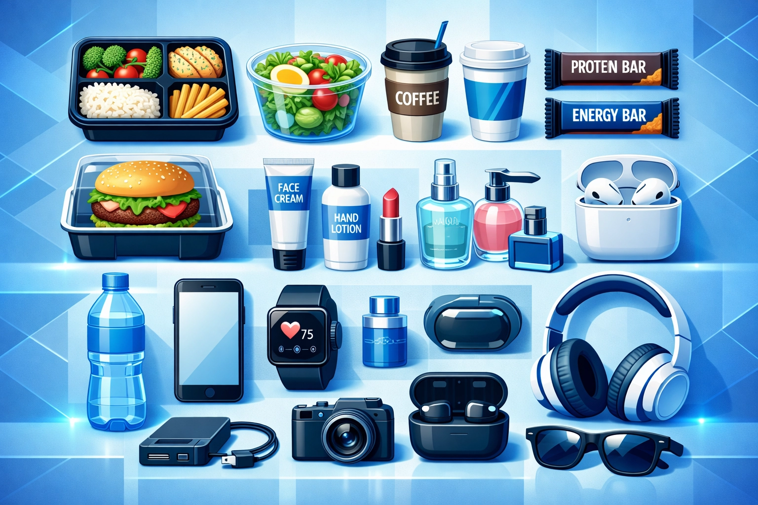 Diverse smart vending machine products including fresh food, coffee, cosmetics, and tech accessories