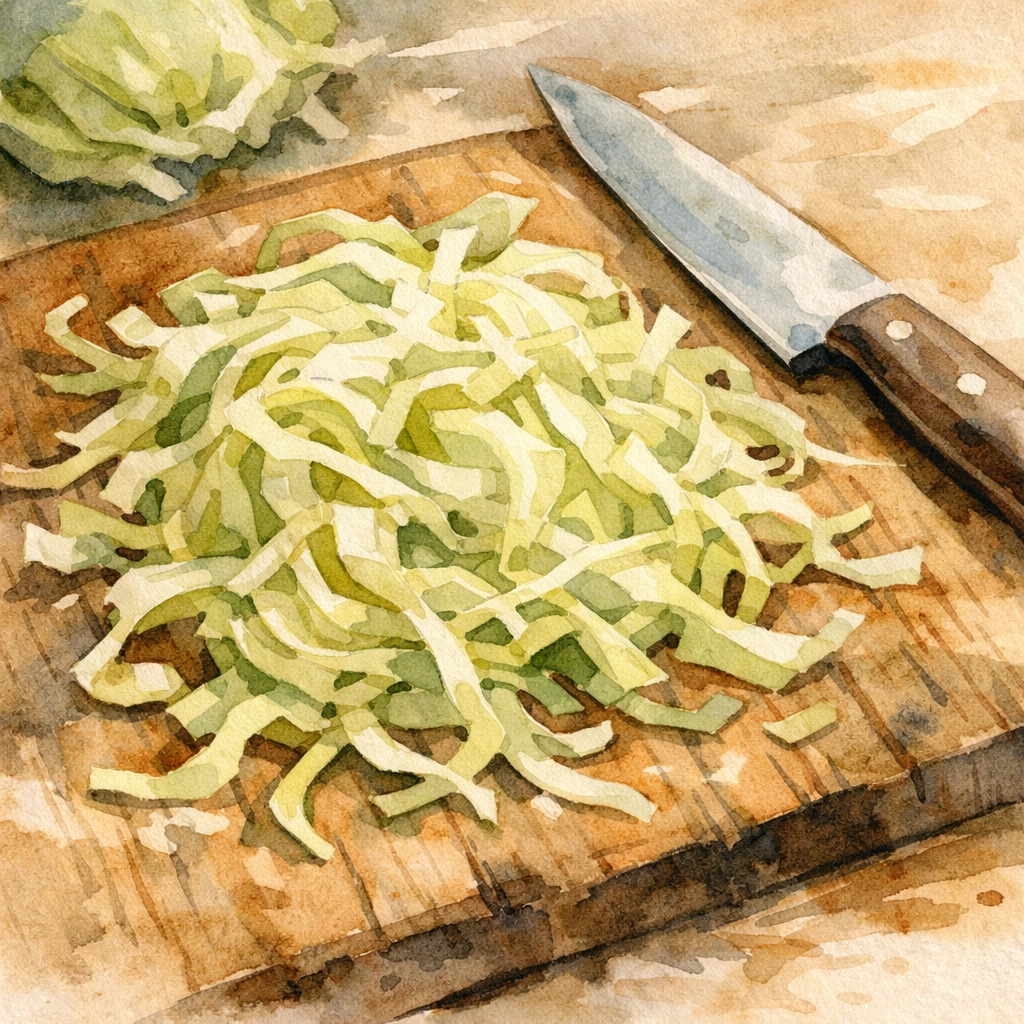 Thinly sliced cabbage ribbons for lacto fermentation sauerkraut