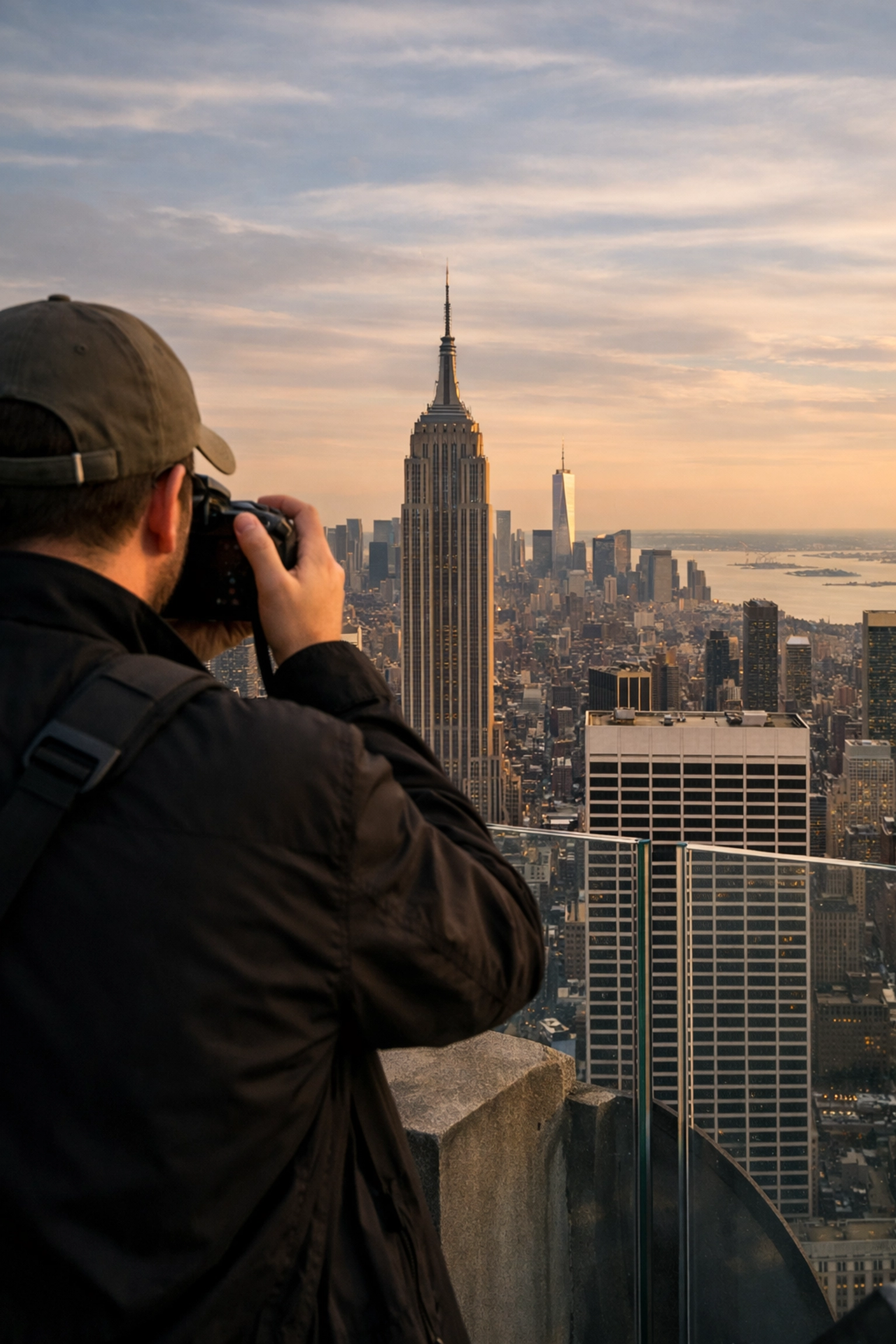 Photographer capturing the NYC skyline and Empire State Building from Top of the Rock at golden hour.