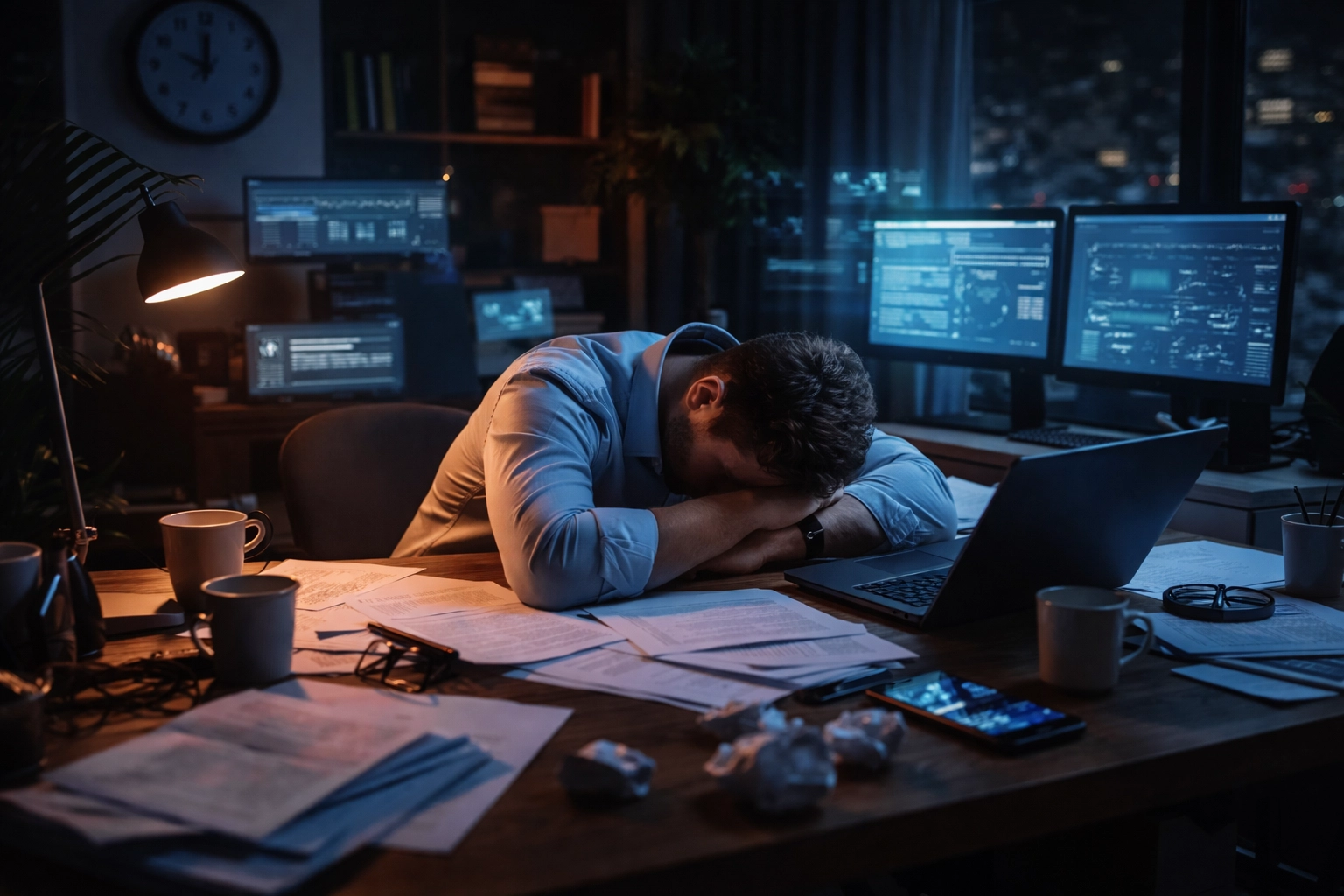 Exhausted entrepreneur working late at night, showing how hustle culture kills productivity
