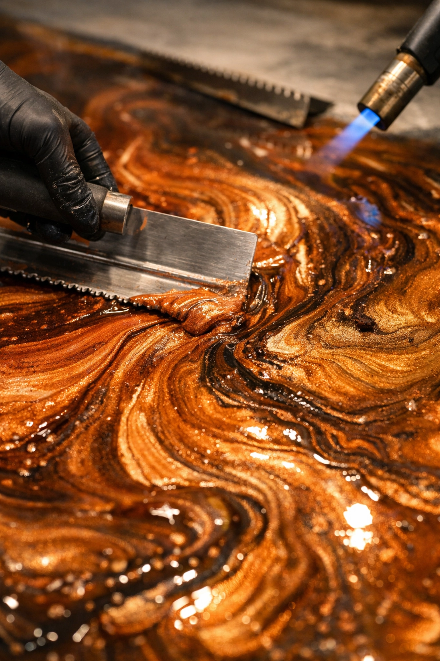 Professional metallic epoxy installation showing copper pigments being applied to concrete