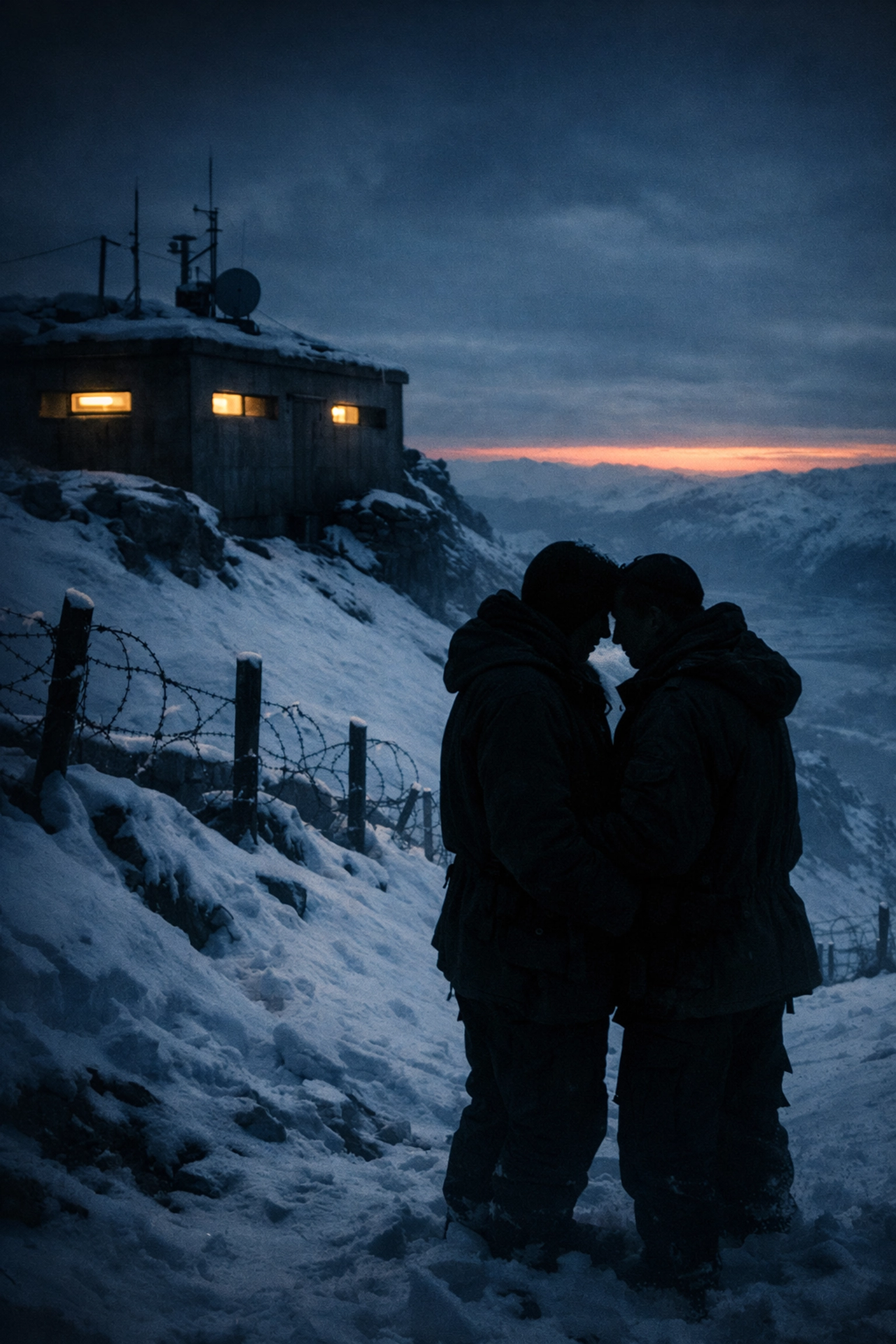 Two soldiers stand together at isolated North Korean military outpost in frozen mountains