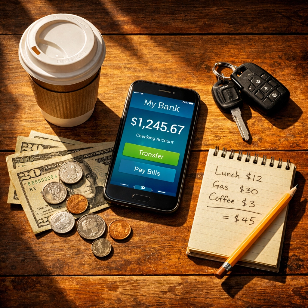 Daily spending comparison showing coffee cup, cash, and phone calculator for insurance budget