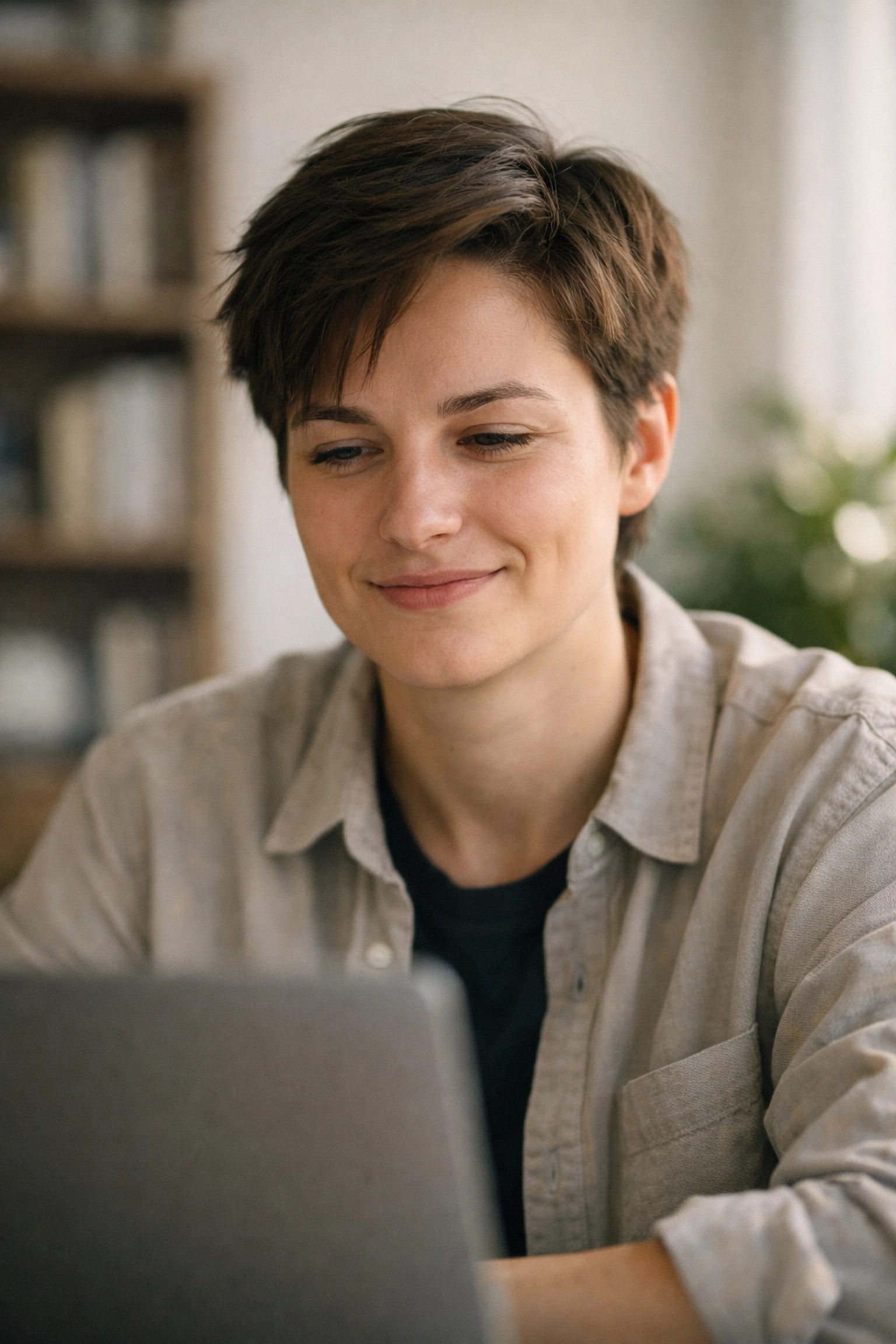 A relieved adult in a home office receiving a cash advance online in Canada.