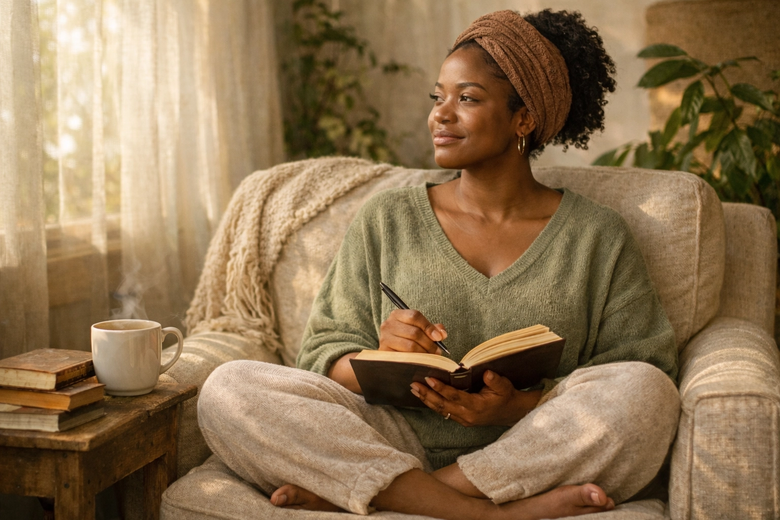 Woman journaling peacefully, reflecting on soul-aligned success and purpose