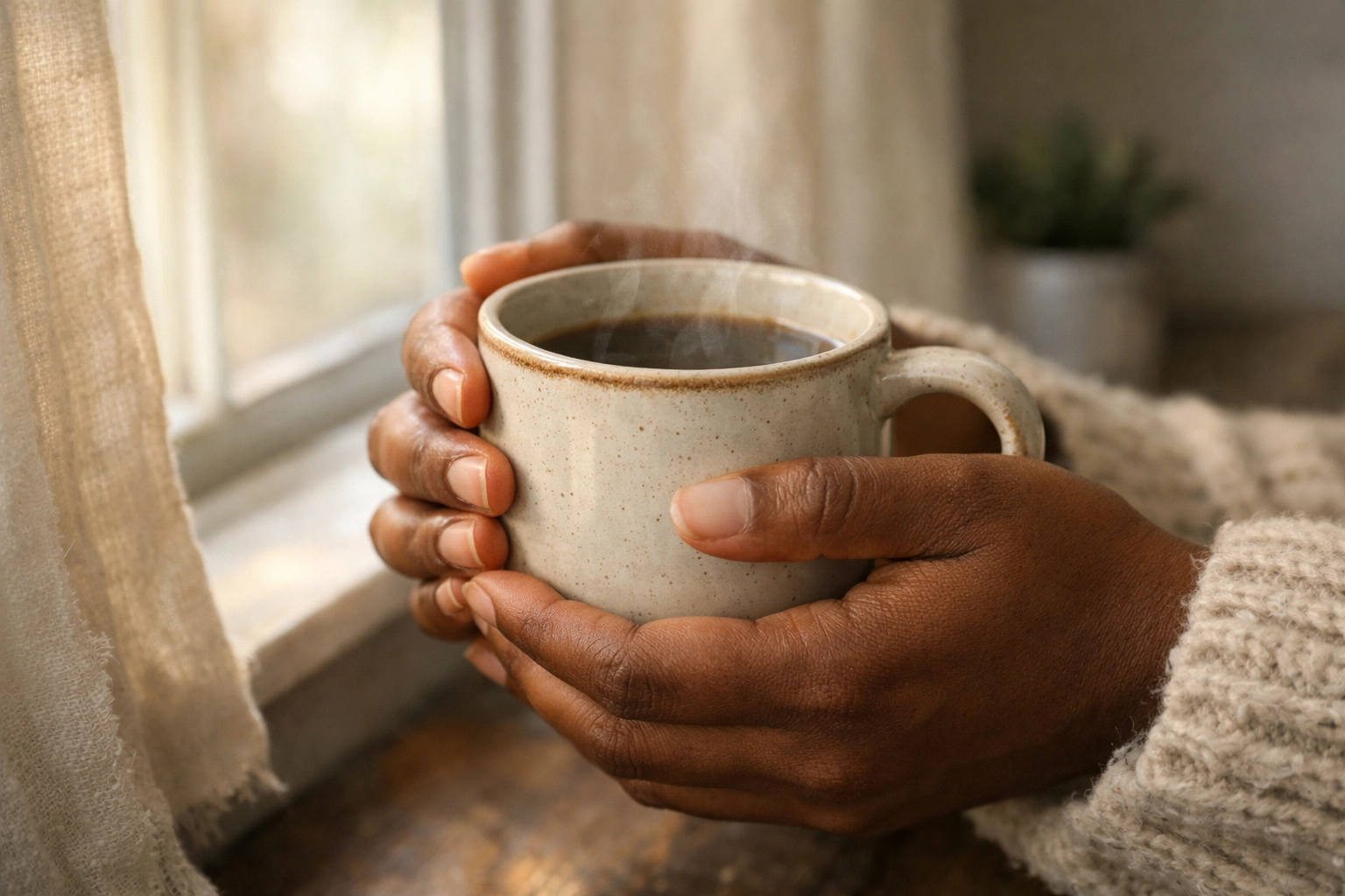 Close-up lifestyle photo of hands holding a warm mug in soft window light