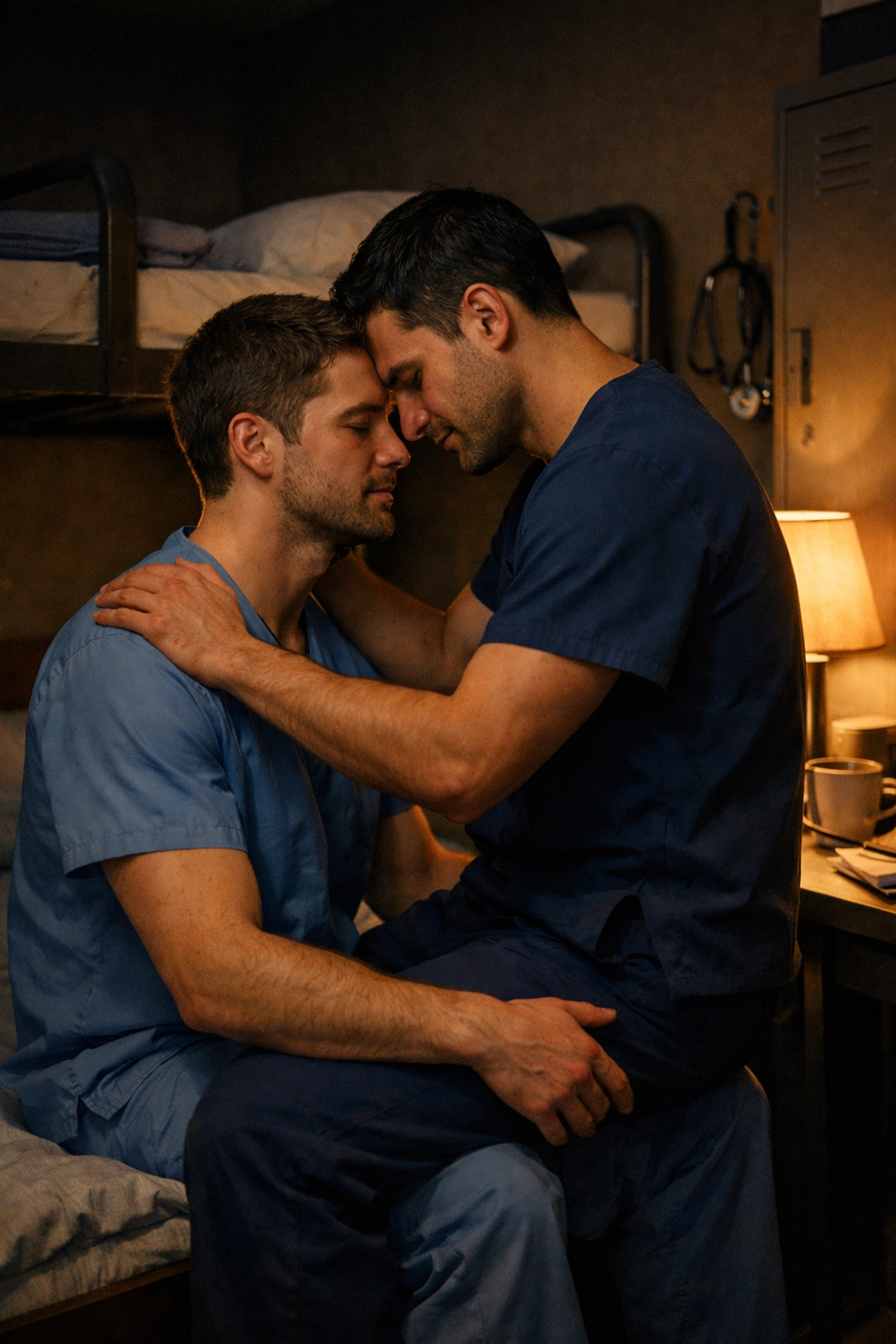 Intimate moment between two men in scrubs in a hospital on-call room, featuring the forced proximity trope.