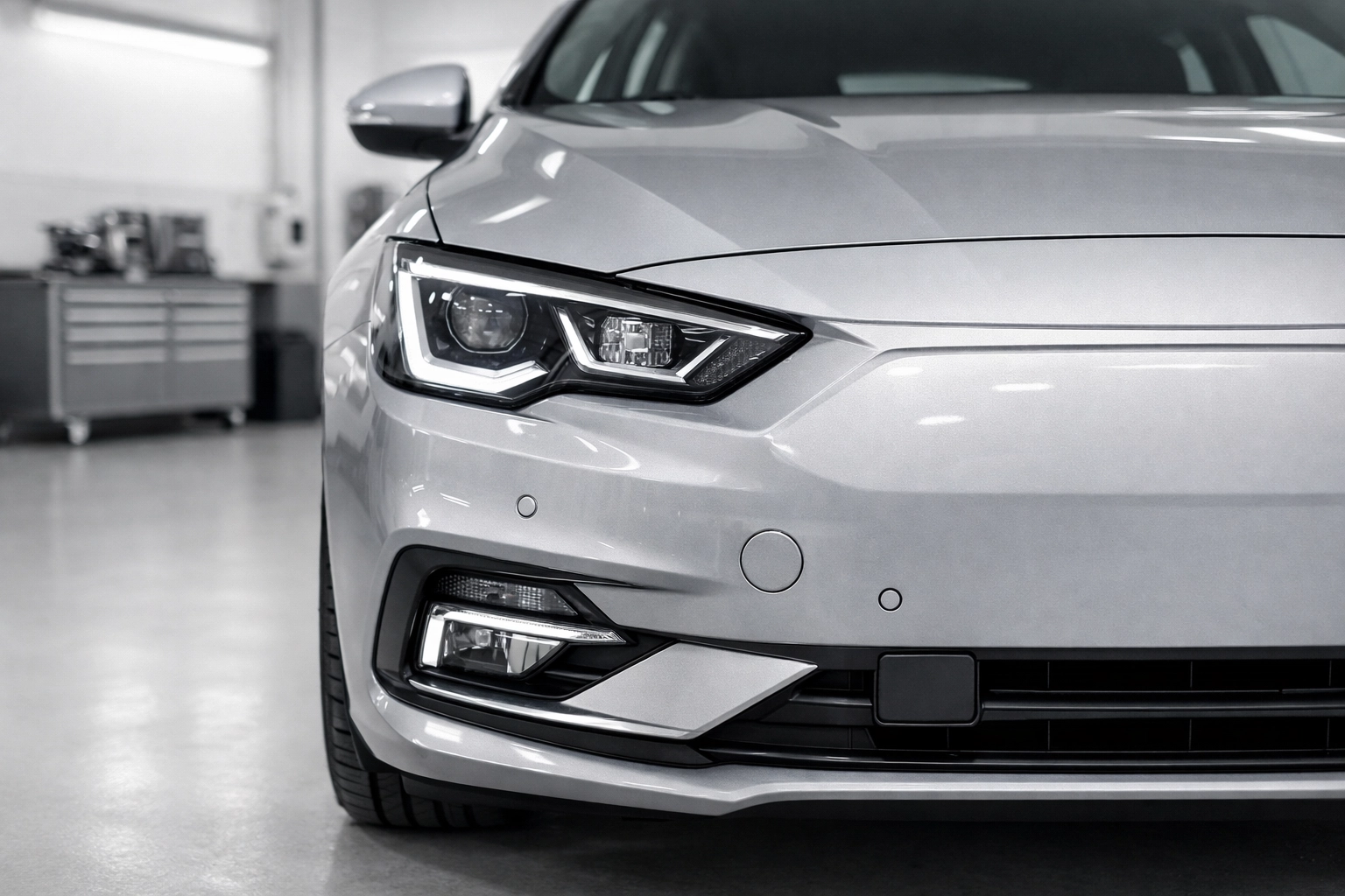 Modern car with advanced sensors in a workshop, highlighting rising repair costs in the UK motor insurance market.