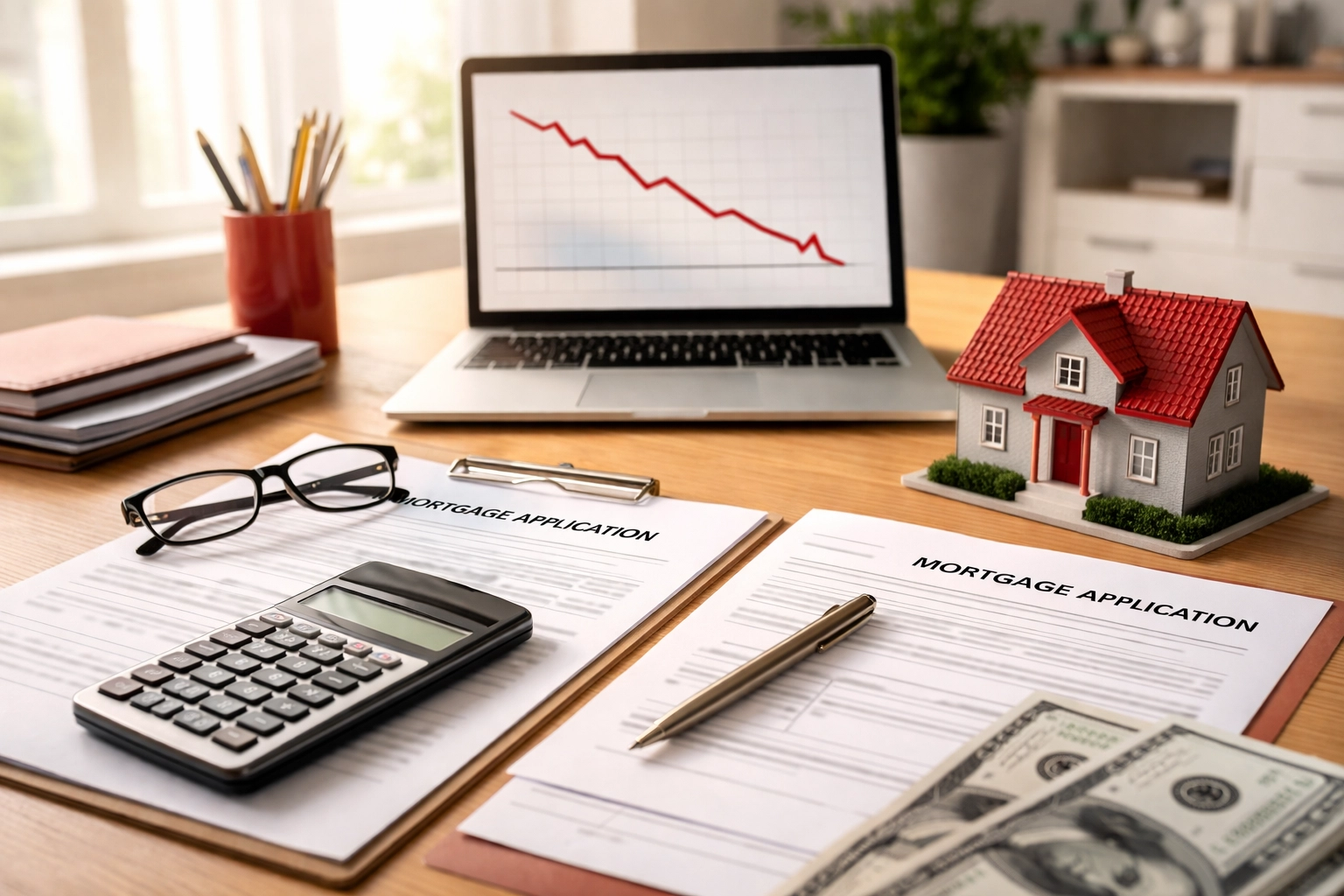 Professional desk scene with mortgage documents and calculator illustrating falling mortgage rates in Bloomington IL real estate market