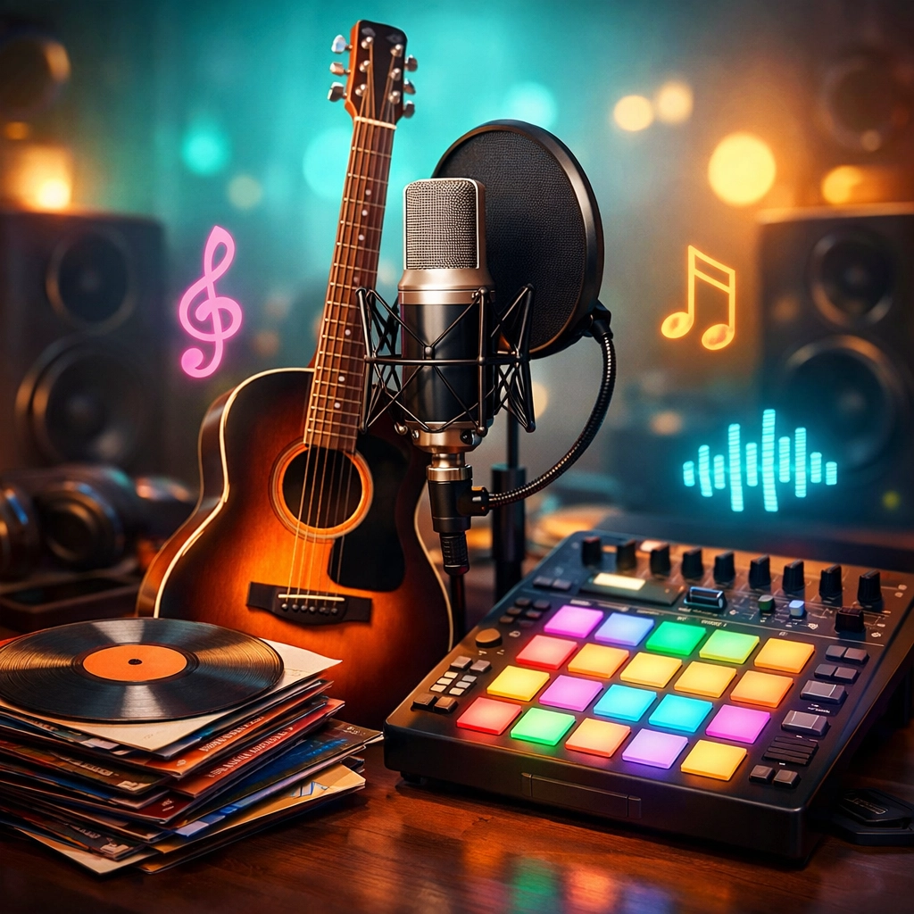 Professional musical instruments and studio equipment used to create high-quality custom anniversary songs.