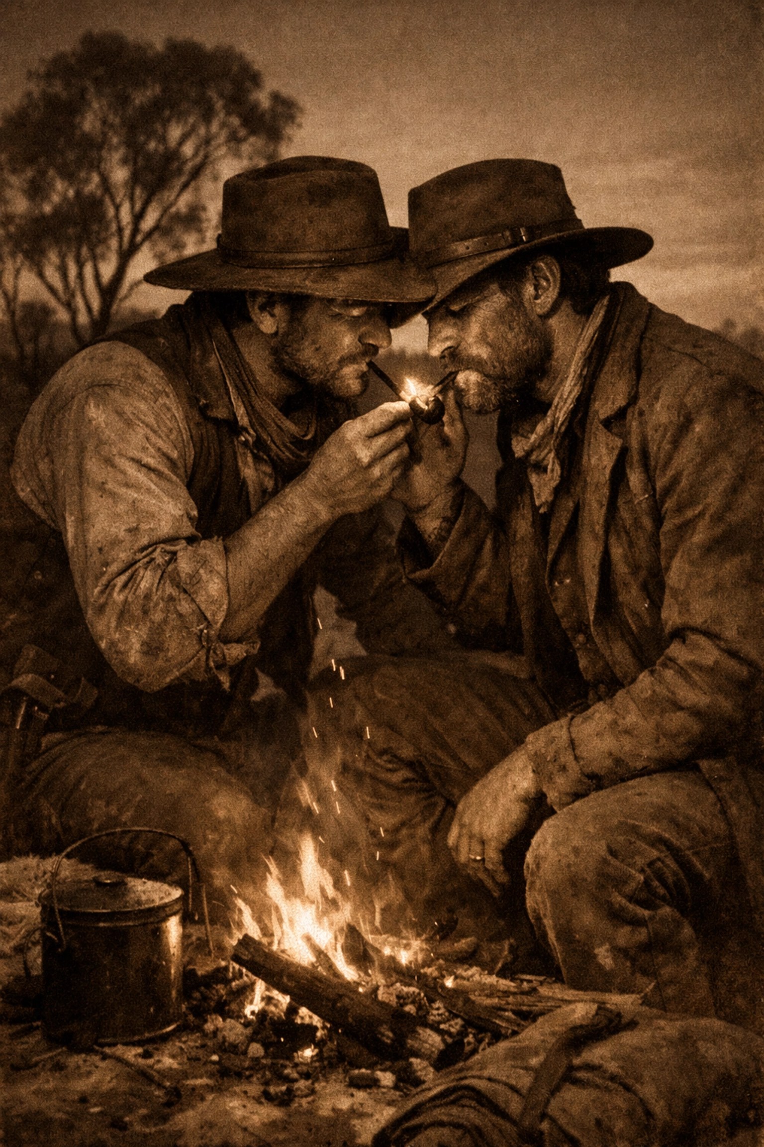 Historical Australian drovers sharing a quiet moment by a campfire, reflecting gay life in the early Outback.