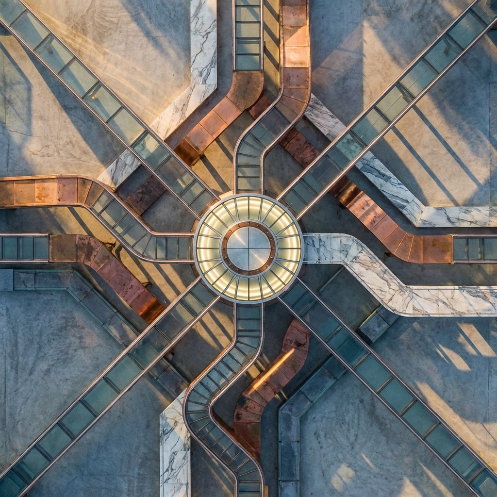 Aerial view of interconnected pathways illustrating integrated investment strategies for institutional investors