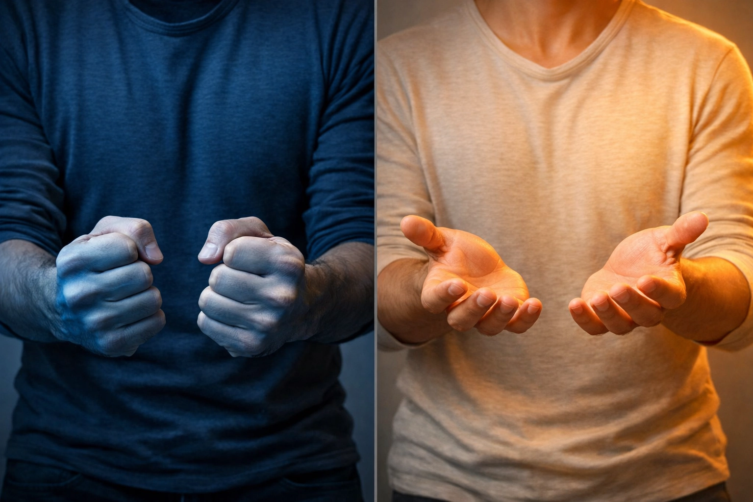 Defensive versus open body language showing the shift from preaching to collaborative leadership