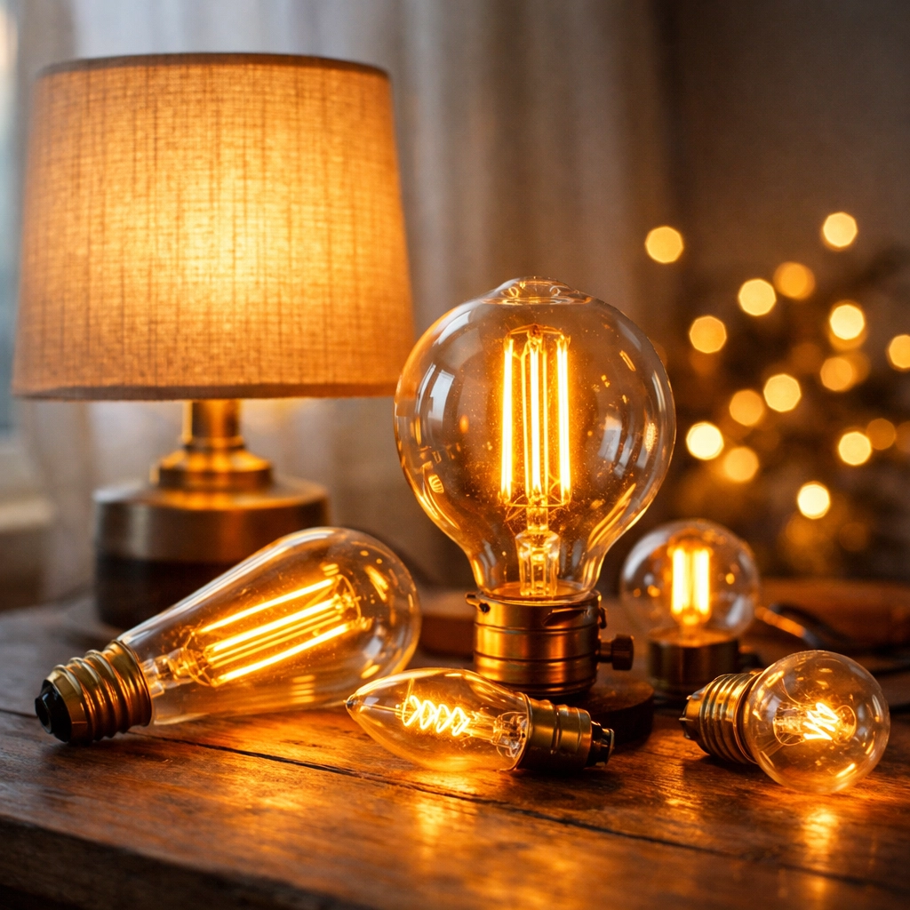 Warm LED bulbs and table lamp showing cozy 2700K color temperature