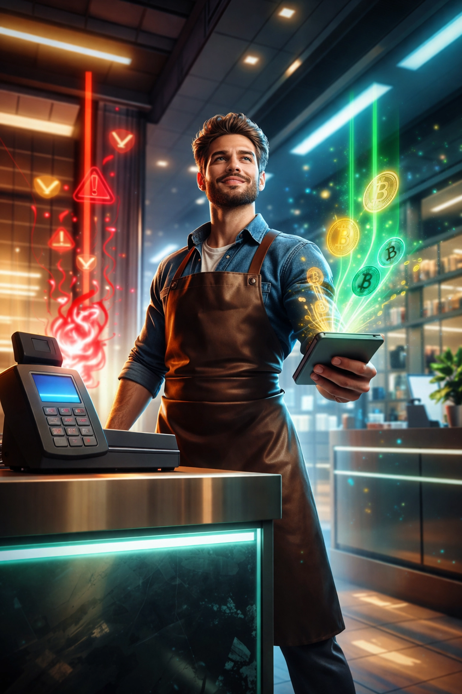 Small business owner using crypto POS, comparing traditional payment fees with instant self-custody savings