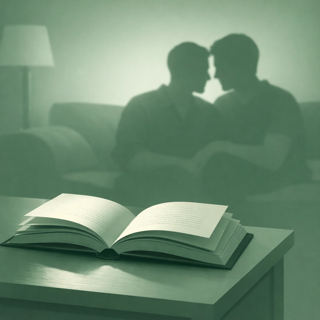 Open book and male couple on couch representing literary MM romance connection