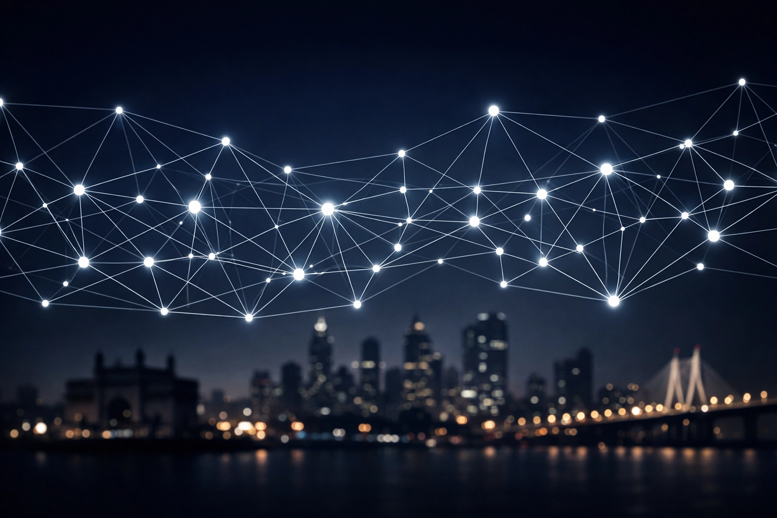 Interconnected digital nodes over the Mumbai skyline symbolizing local citations and backlinks for an SEO agency Mumbai.