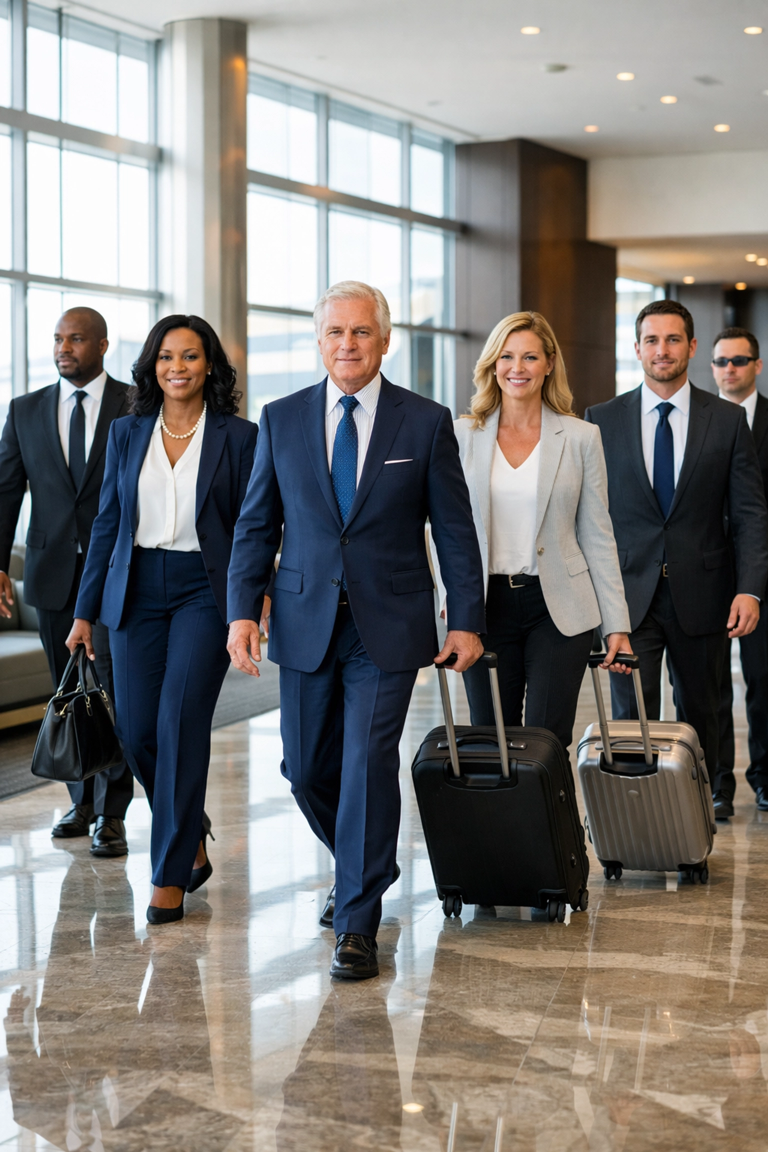 Corporate executives with VIP security at airport for Super Bowl travel management