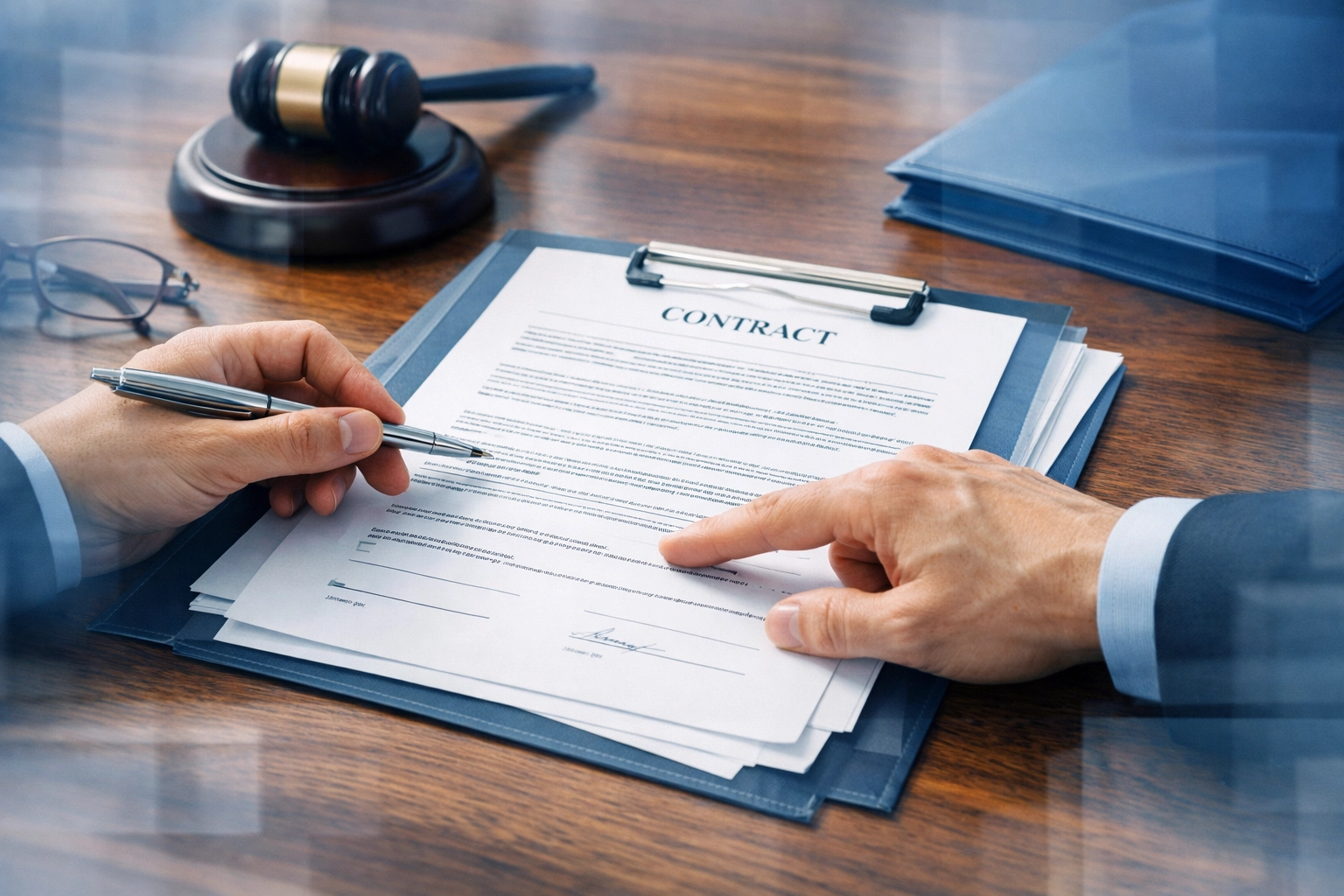 Divorce attorney reviewing legal documents and case files on desk