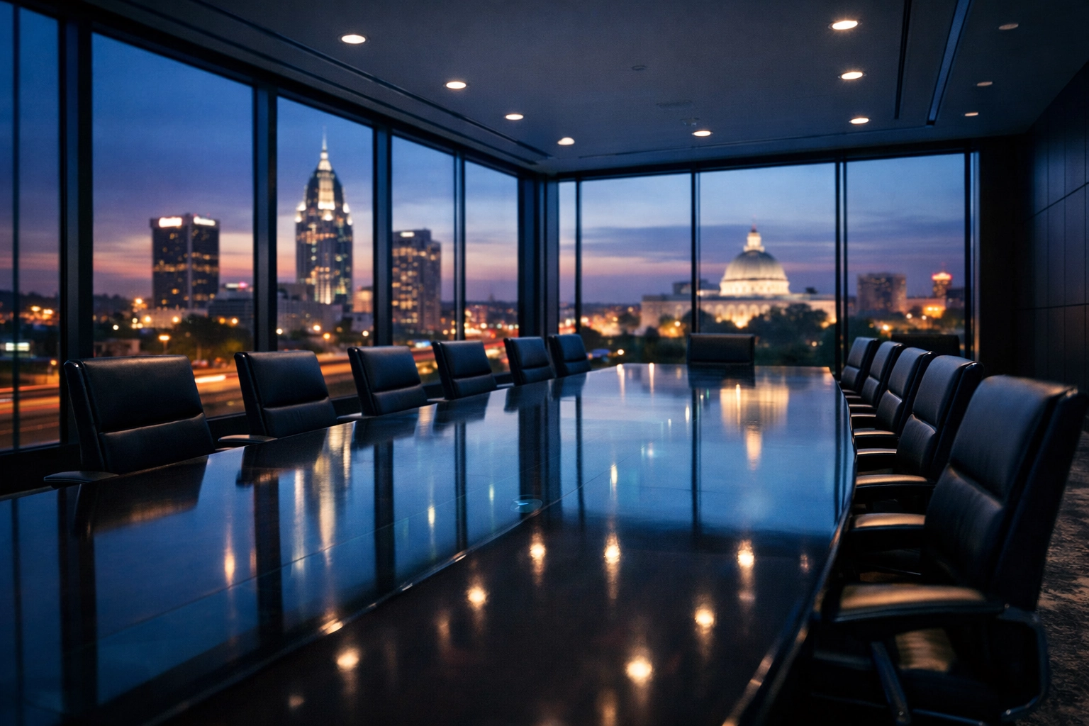 Modern boardroom overlooking an Alabama city representing strategic planning and buyer anonymity in sales.