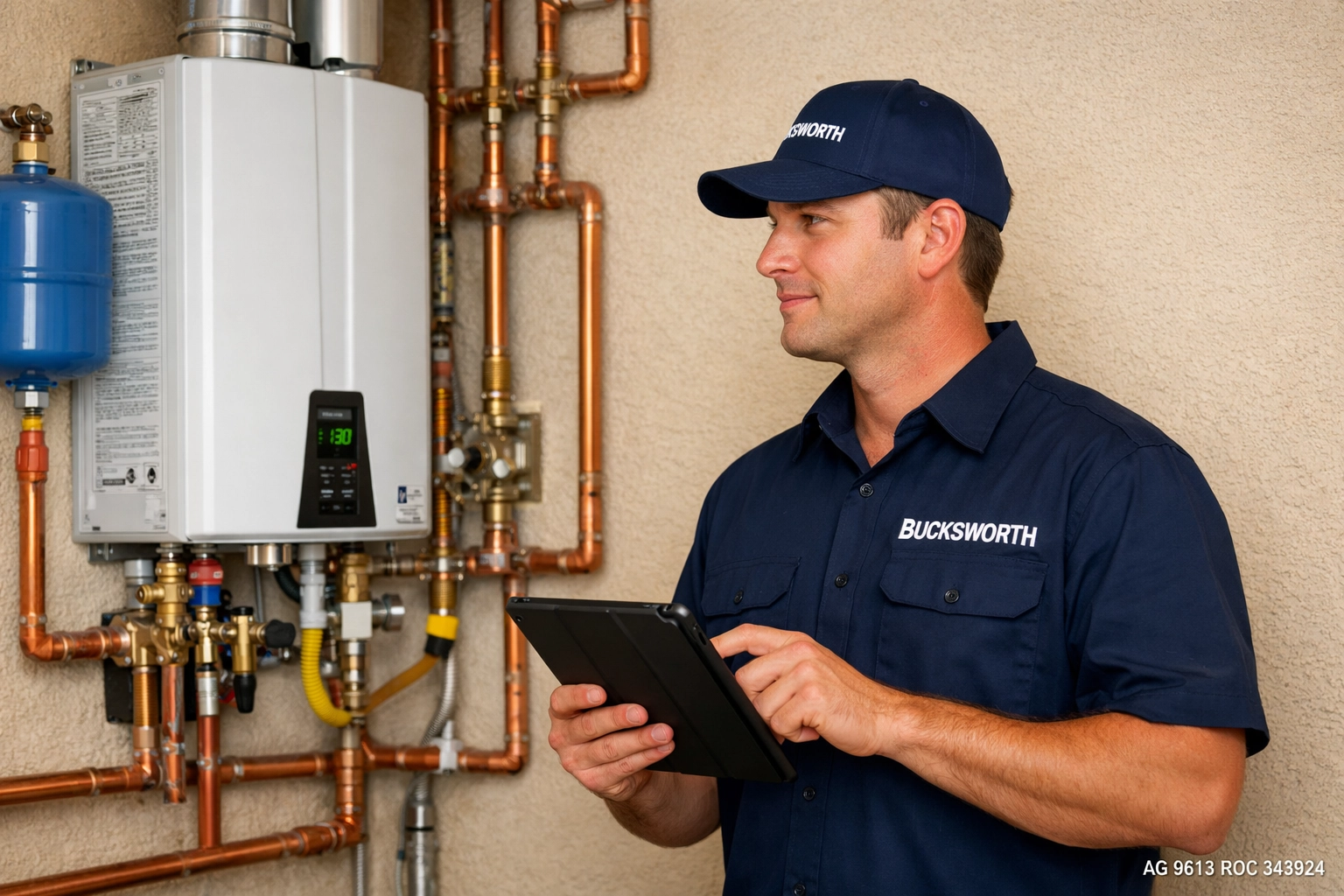 Bucksworth Home Services plumber performing a preventative inspection on a tankless water heater in Arcadia.