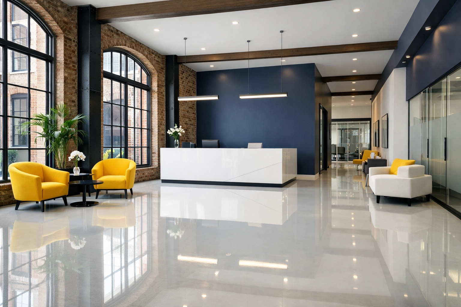 Spotless modern office lobby in Hudson, MA showing the results of professional commercial cleaning services.