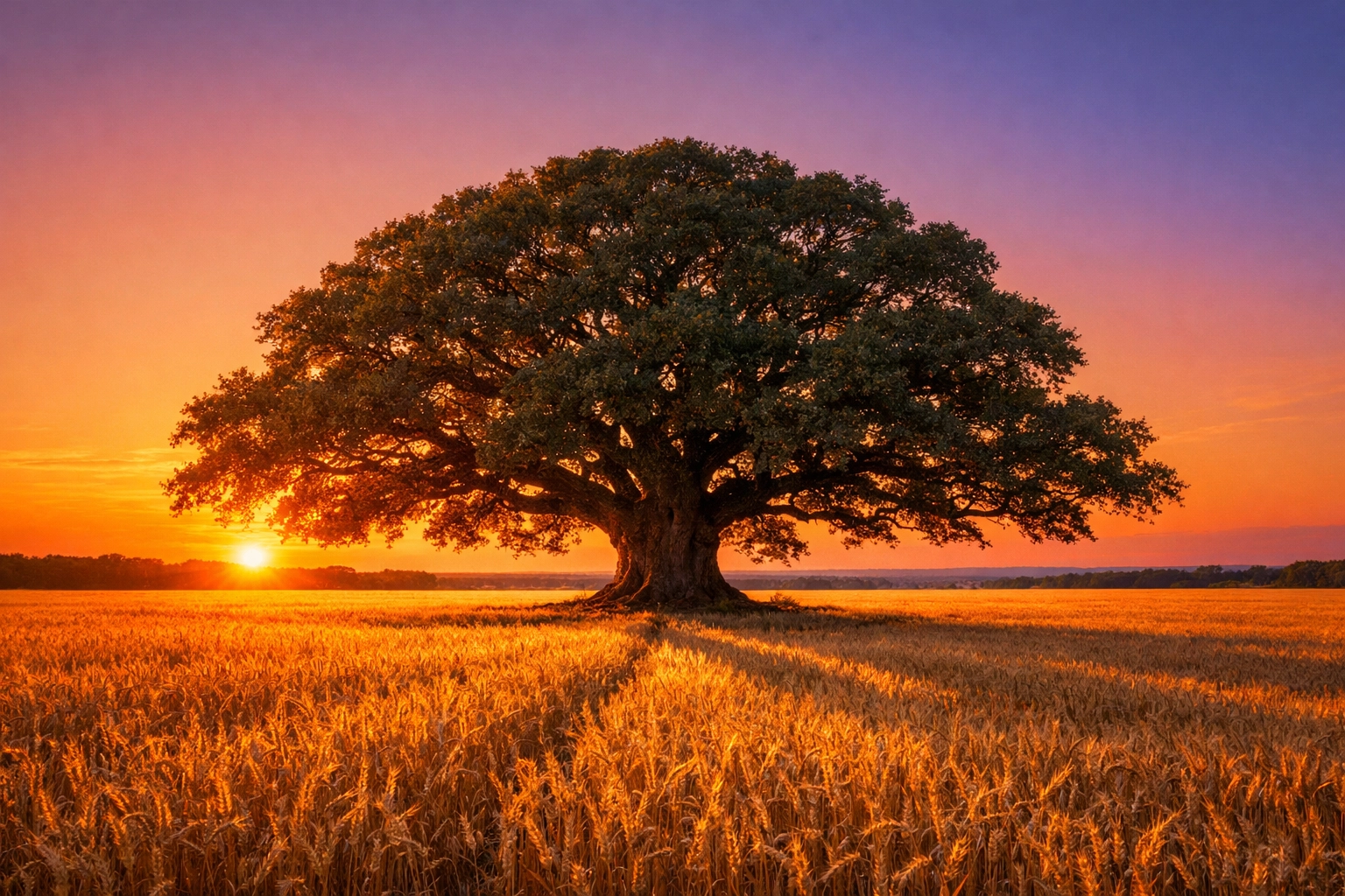 A large ancient oak tree in a golden field symbolizing long-term financial security and wealth building.