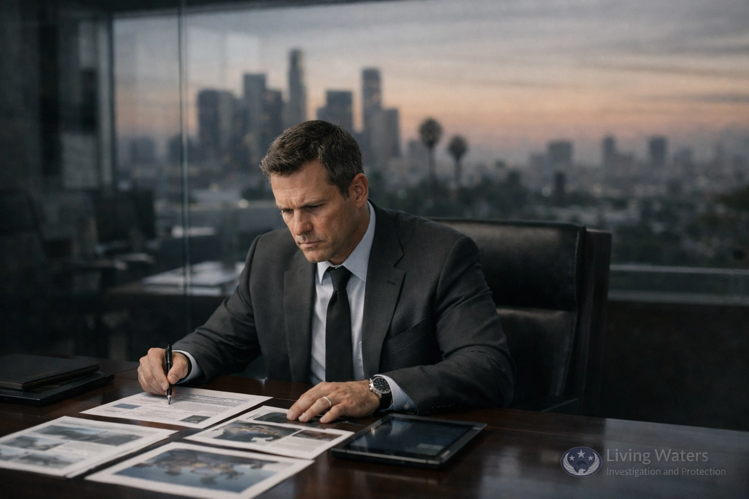 Asset tracing investigator reviewing financial reports for corporate due diligence in Southern California (Living Waters Investigation and Protection logo integrated).