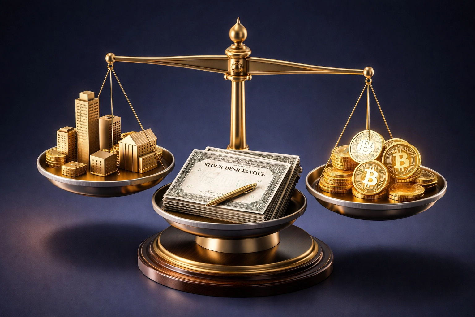 Balanced scale displaying real estate, stocks, and cryptocurrency highlighting portfolio diversification for accredited investors.