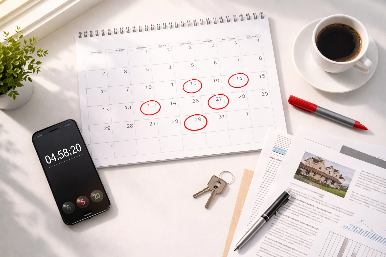 Overhead view of a desk with calendar dates circled, countdown timer, and documents representing strict 1031 exchange deadlines for property investors.