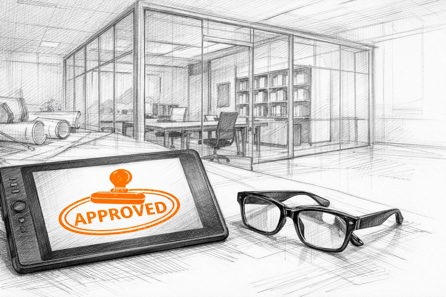 Pencil sketch of an architectural office with a digital tablet showing a CEU course approval stamp.